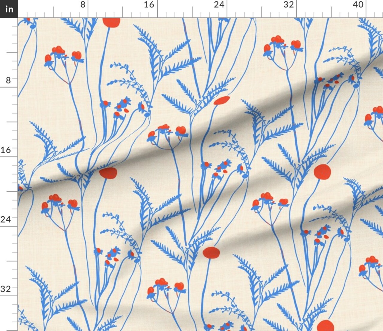 Elegant Boho Floral Americana Bohemian Xl Scale Red Cream Blue Refined Custom Printed Fabric by Spoonflower Various Fabrics by the Yard or Fat Quarter